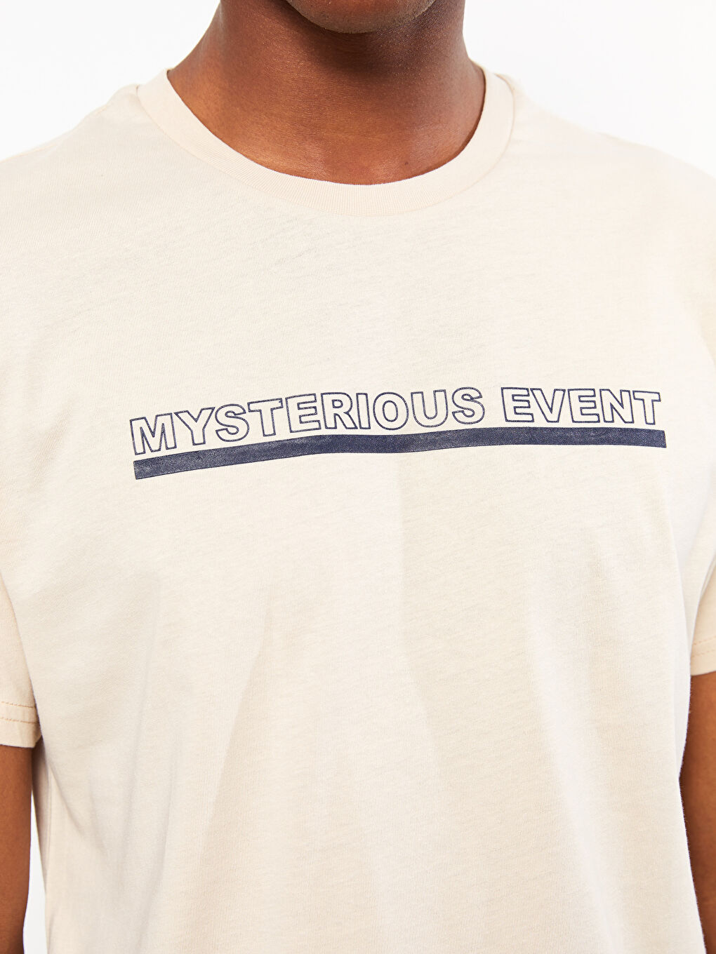 Bej Bisiklet Yaka Kısa Kollu Baskılı Penye Erkek Tişört-3