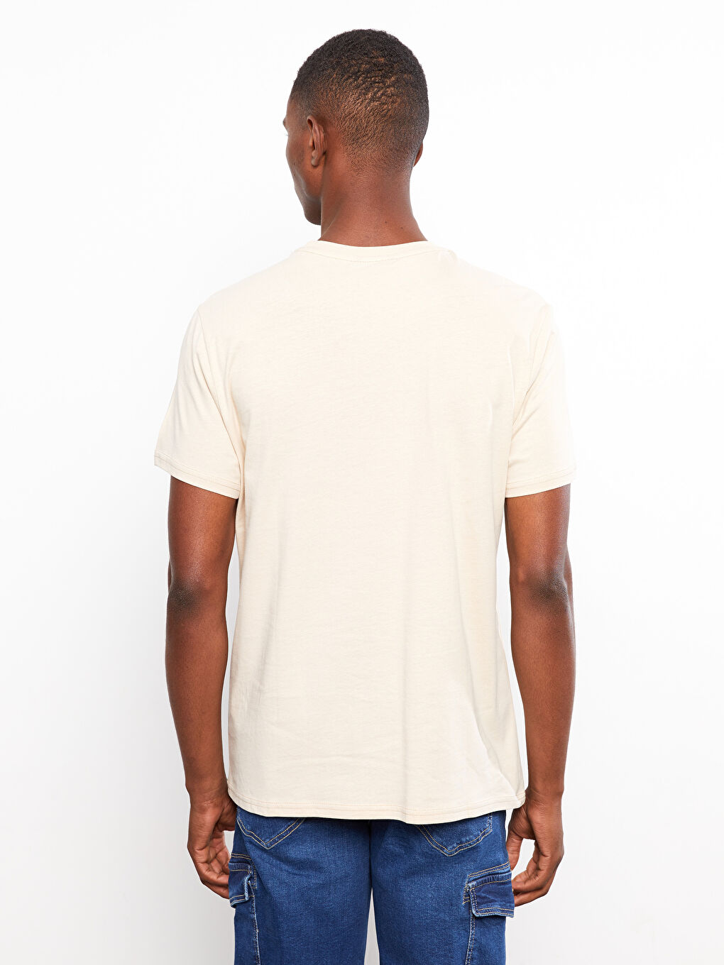 Bej Bisiklet Yaka Kısa Kollu Baskılı Penye Erkek Tişört-4