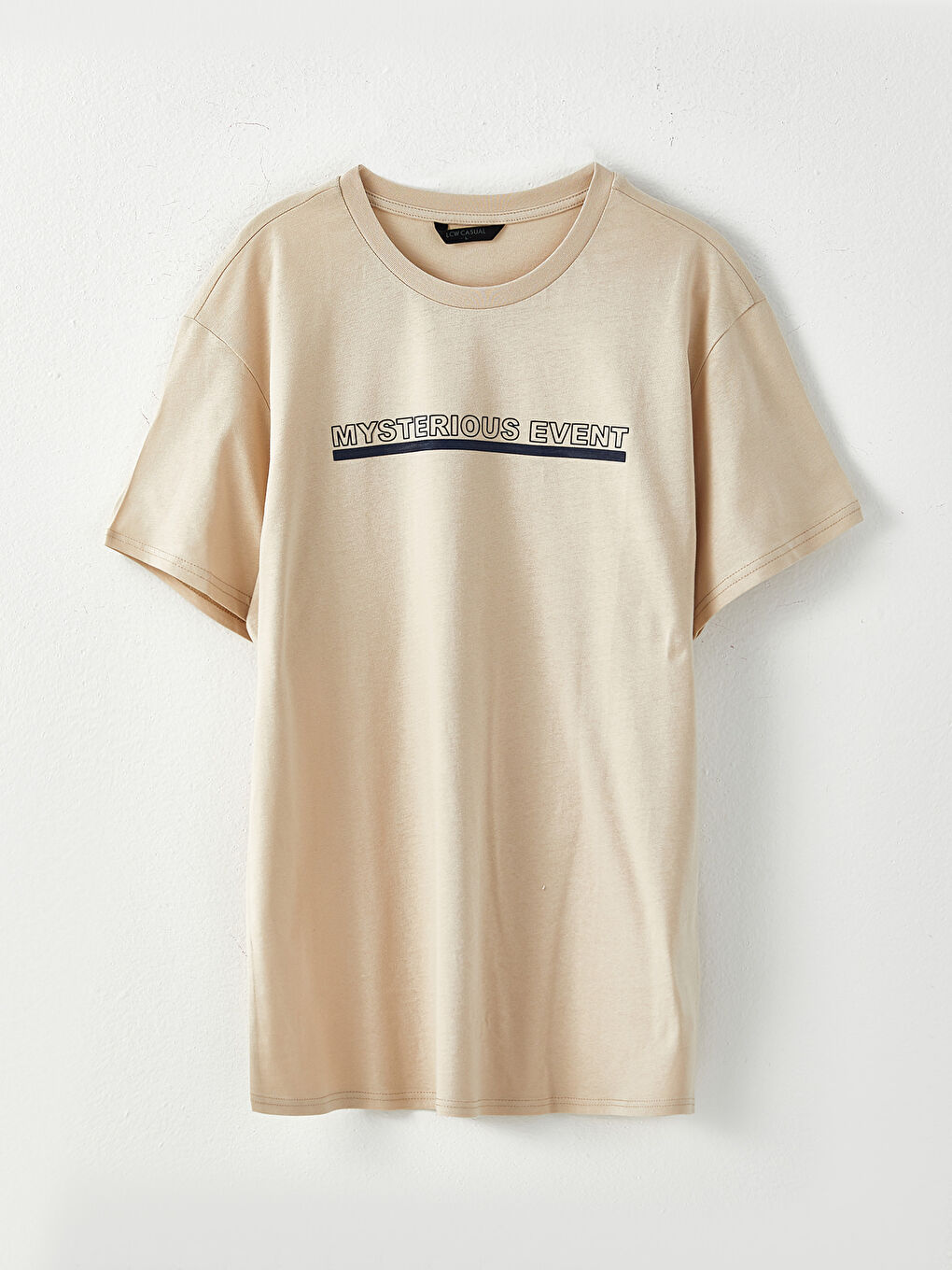 Bej Bisiklet Yaka Kısa Kollu Baskılı Penye Erkek Tişört-5