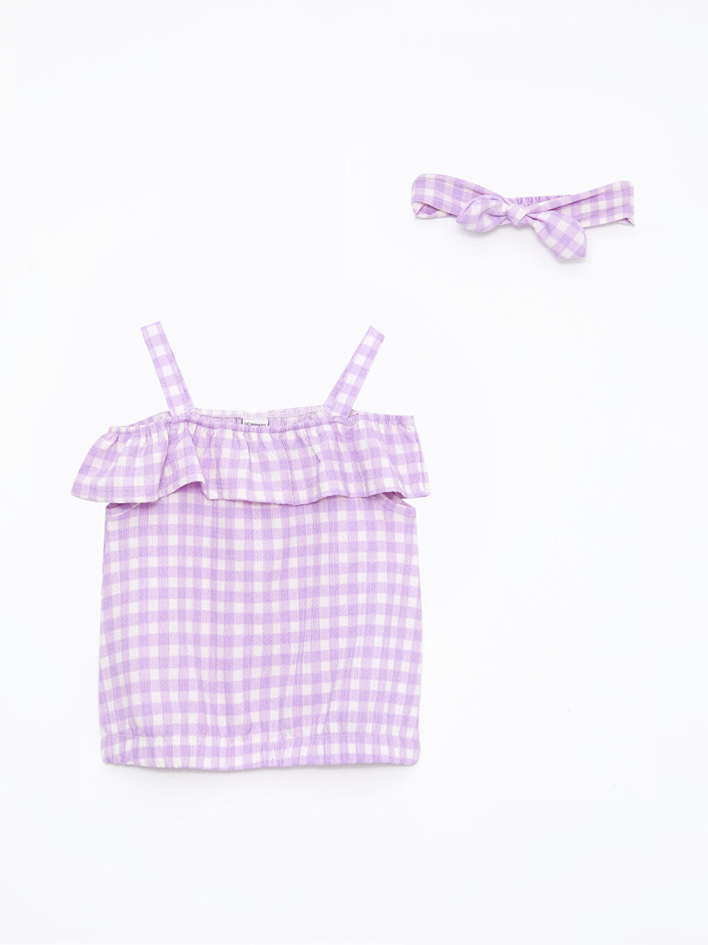Boat Neck Plaid Strap Girl Blouse and Headband