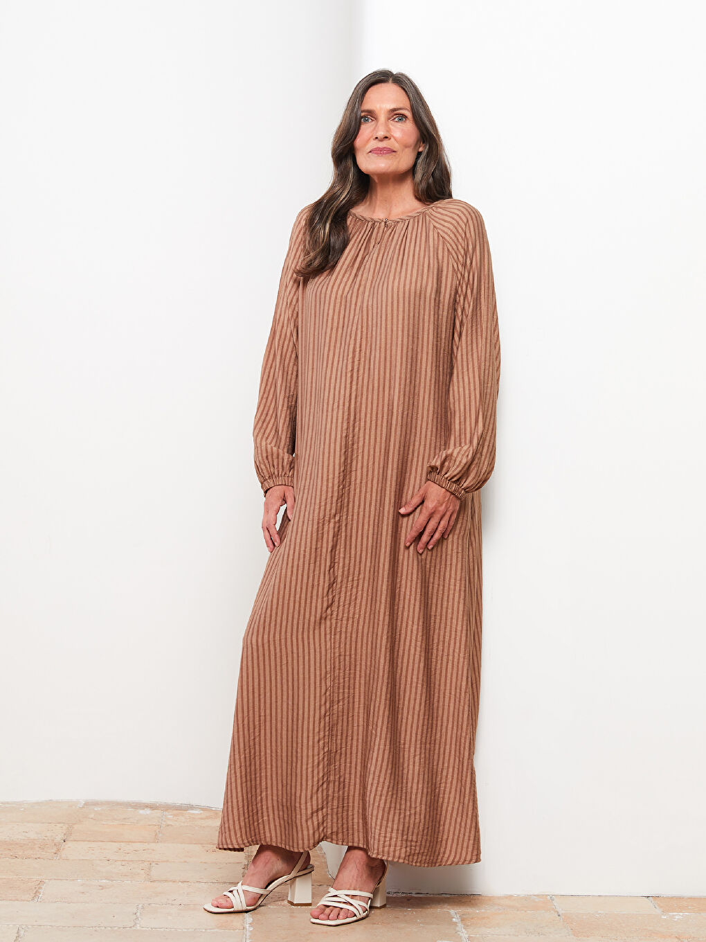 Crew Neck Striped Long Sleeve A Cut Women's Dress