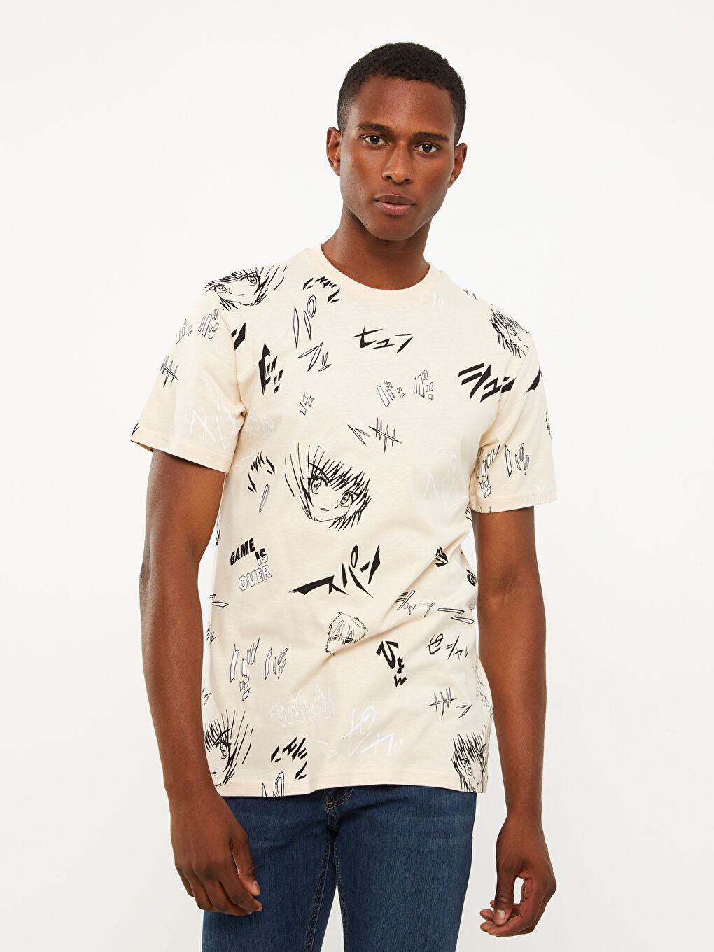 Gri Bisiklet Yaka Kısa Kollu Baskılı Penye Erkek Tişört