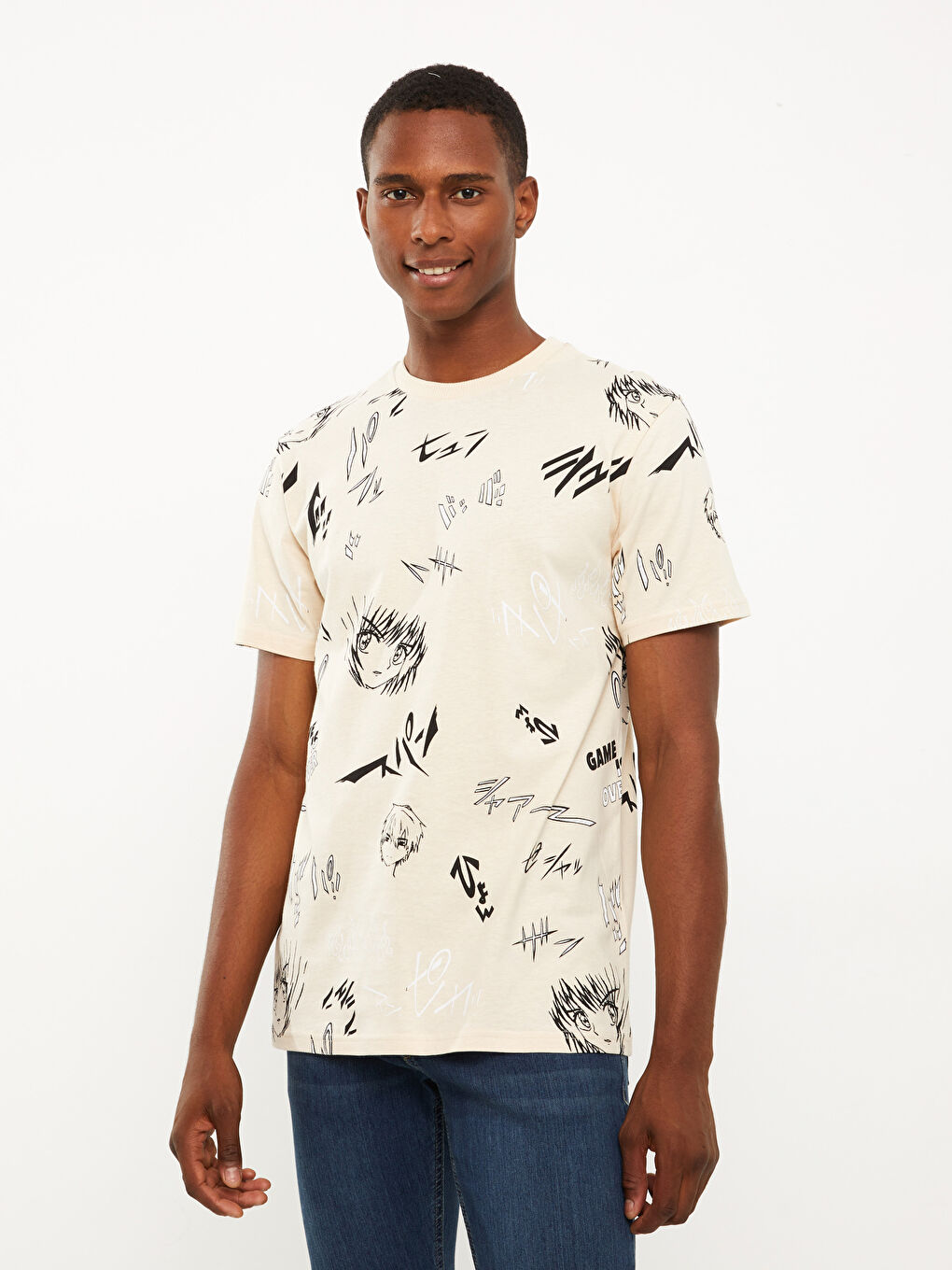 Gri Bisiklet Yaka Kısa Kollu Baskılı Penye Erkek Tişört-1