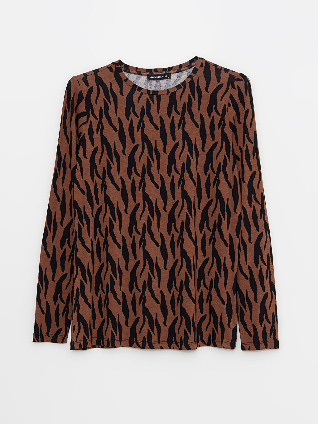 Kahverengi Bisiklet Yaka Desenli Uzun Kollu Kadın Tişört-4