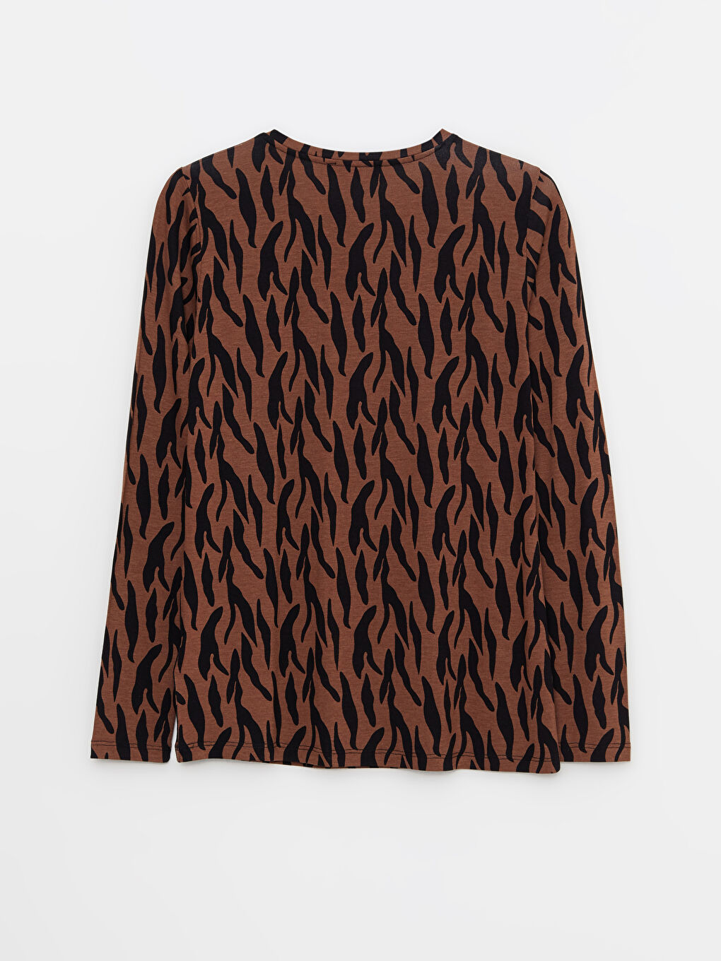 Kahverengi Bisiklet Yaka Desenli Uzun Kollu Kadın Tişört-5