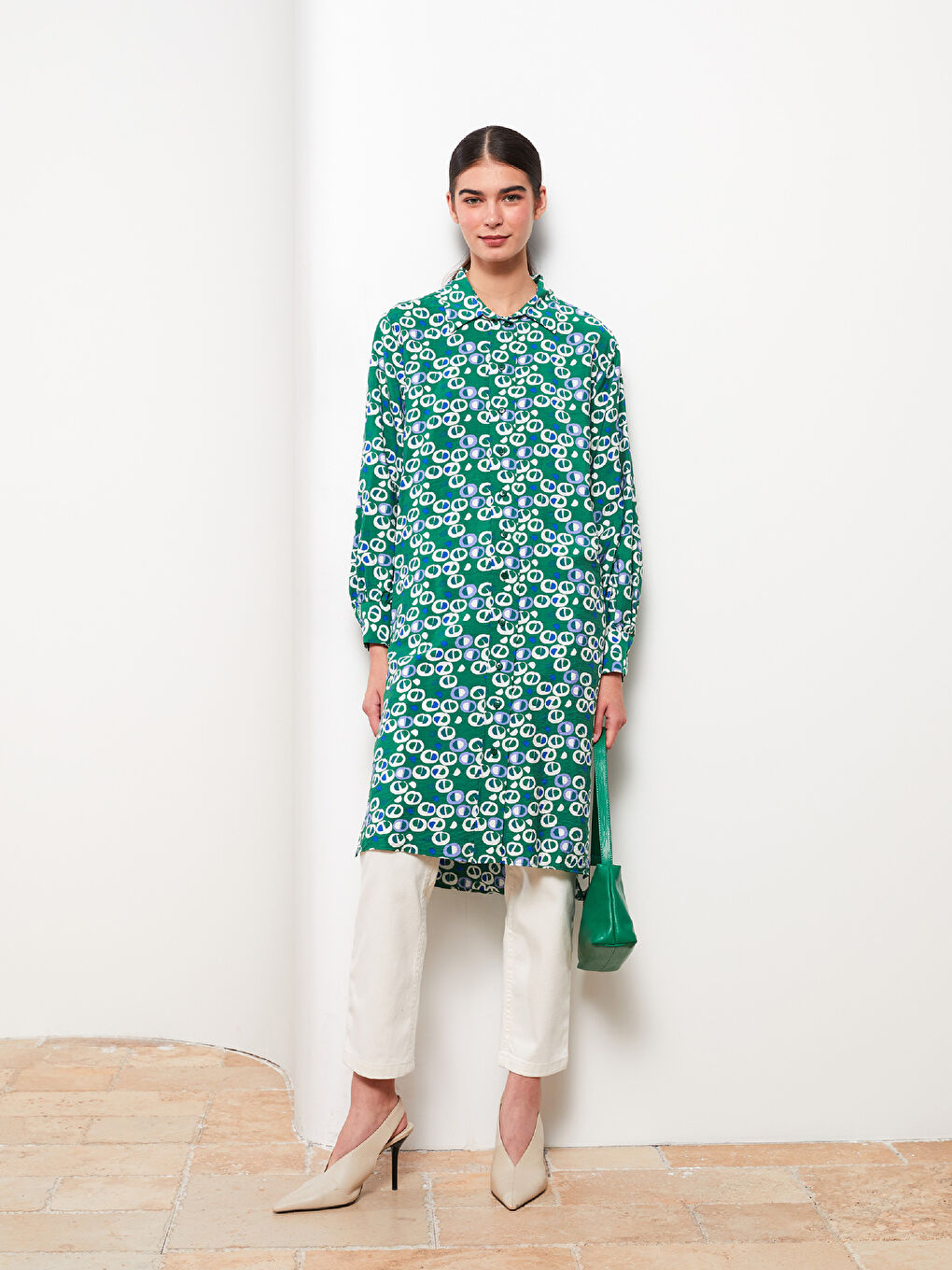 Yeşil Desenli Kadın Gömlek Tunik