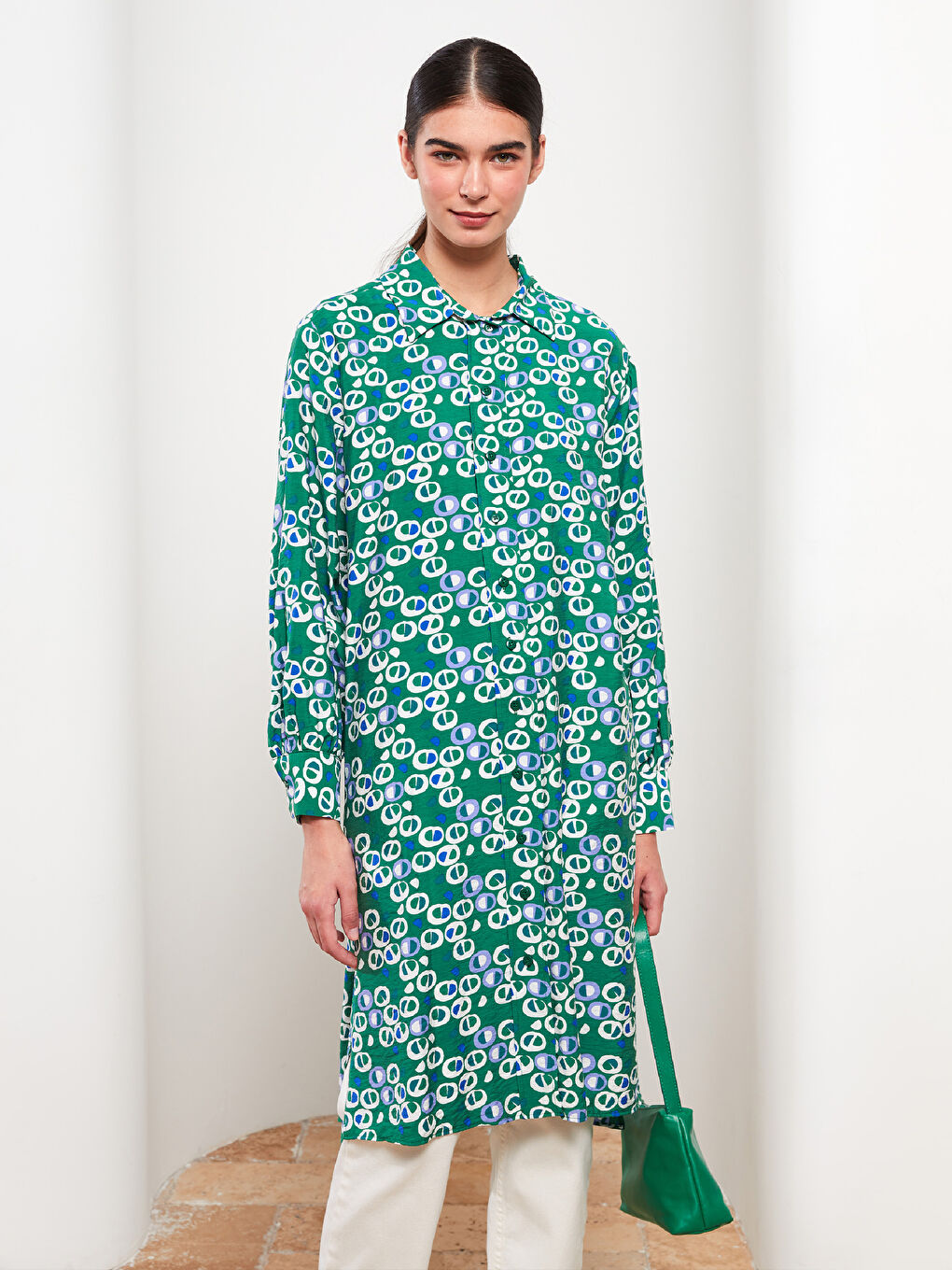Yeşil Desenli Kadın Gömlek Tunik-1