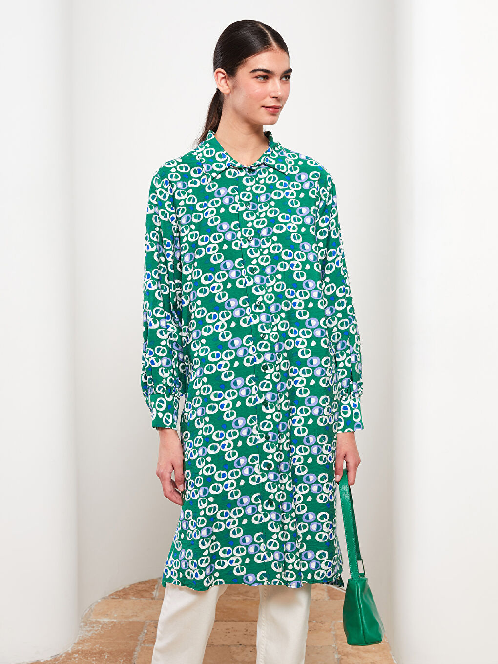 Yeşil Desenli Kadın Gömlek Tunik-2