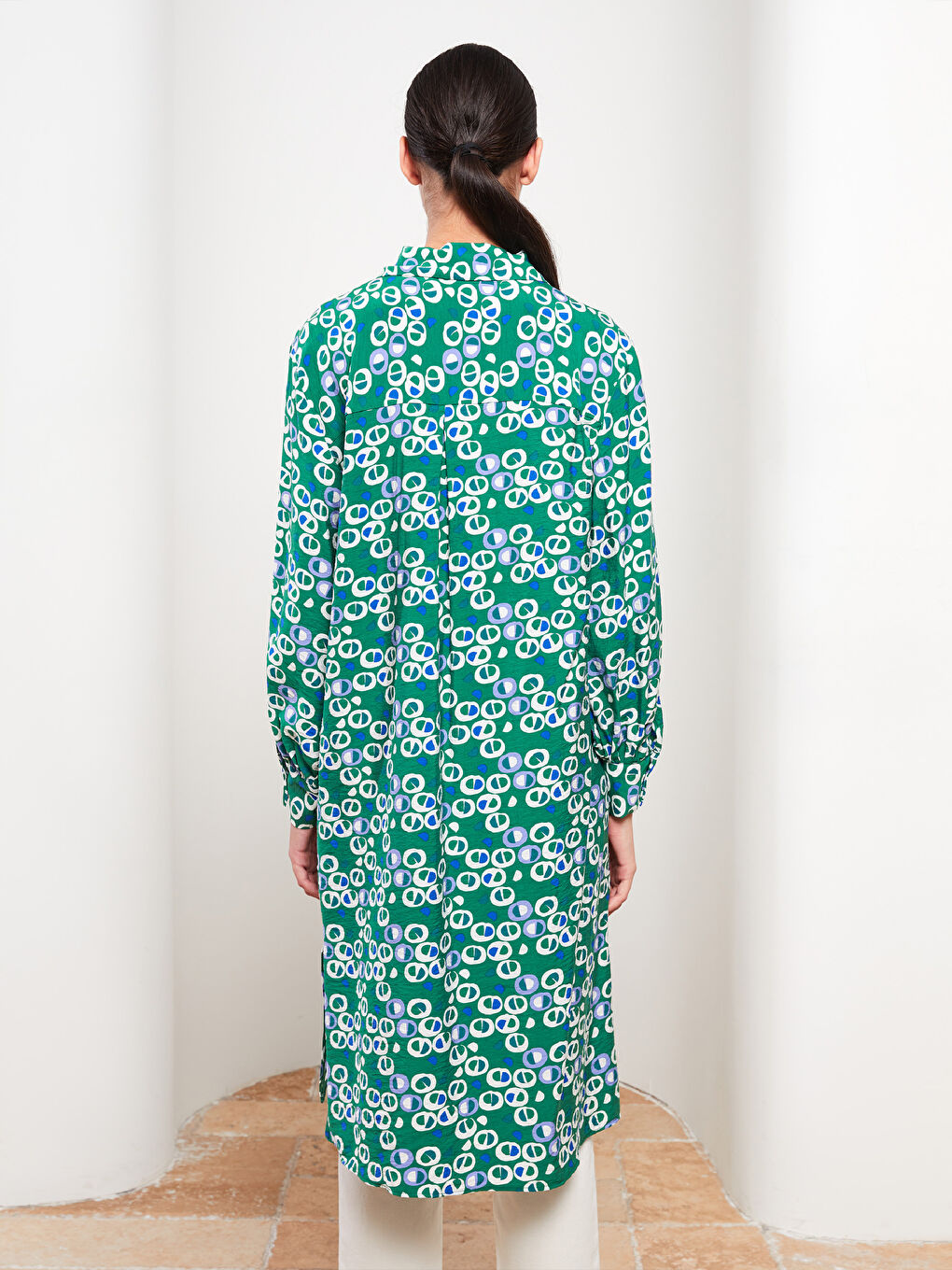 Yeşil Desenli Kadın Gömlek Tunik-4