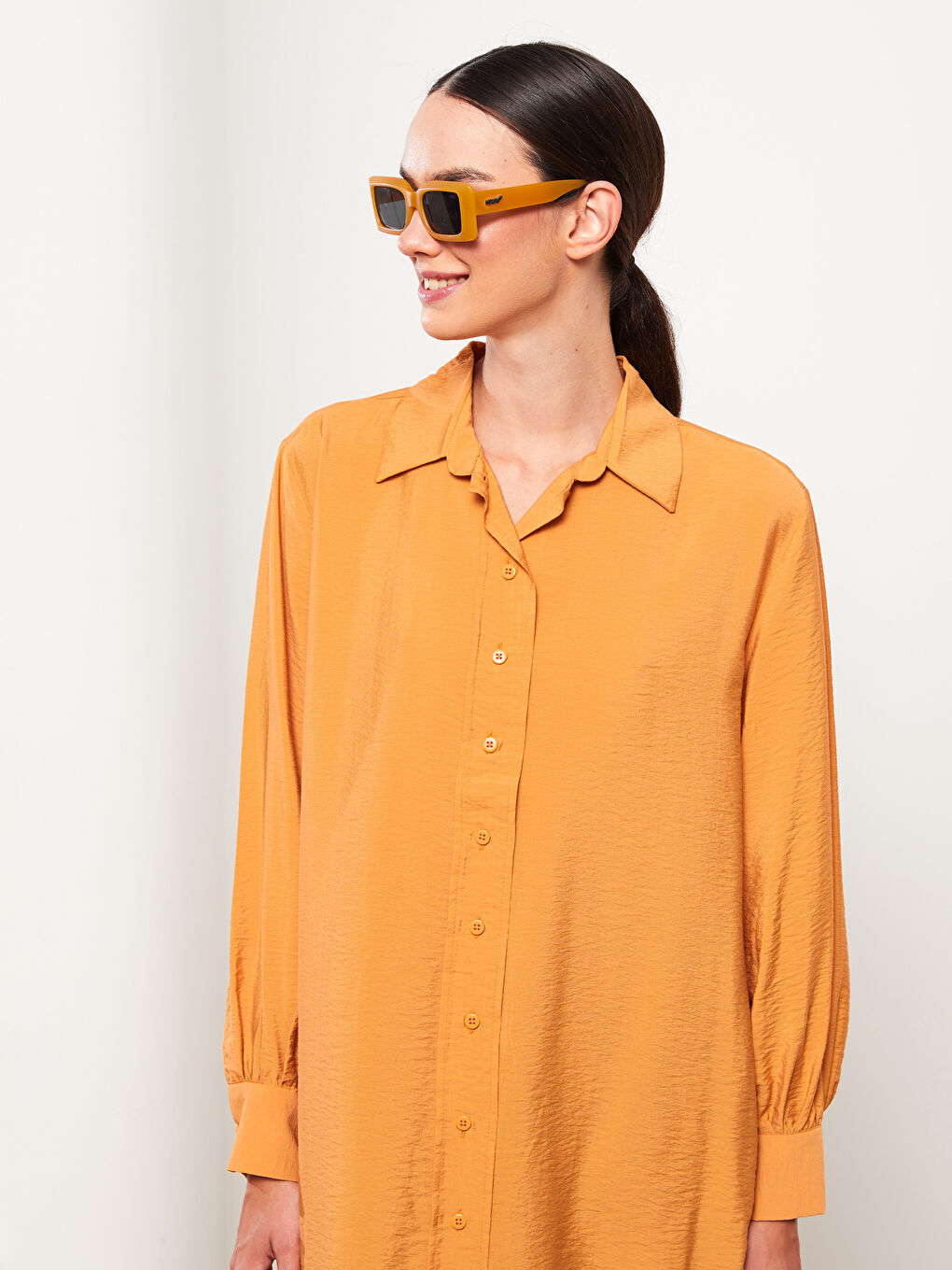 Turuncu Düz Uzun Kollu Kadın Gömlek Tunik