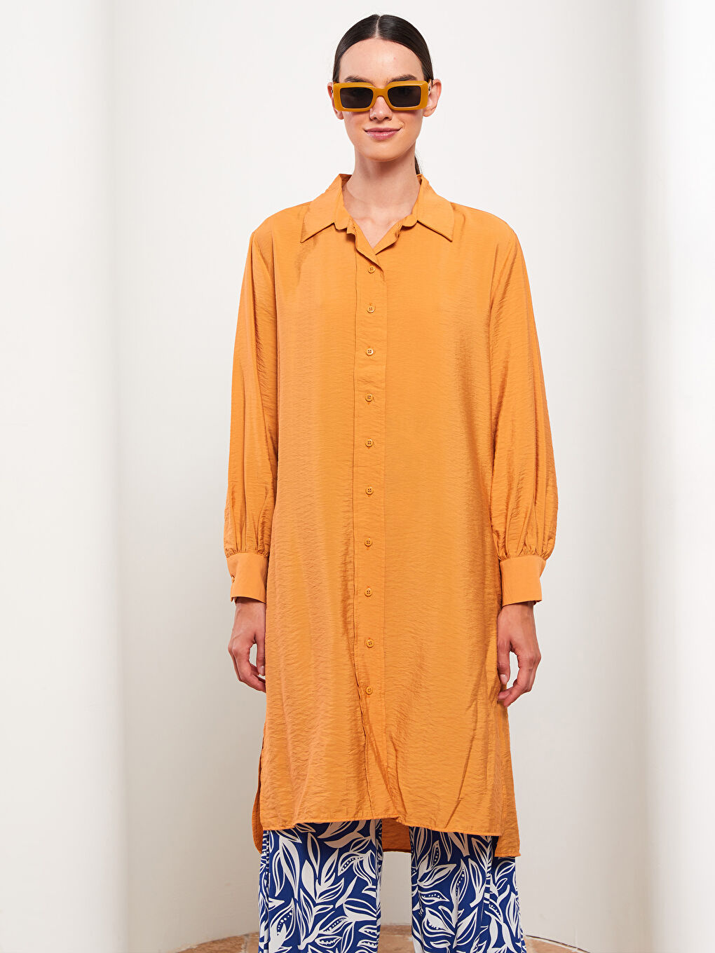 Turuncu Düz Uzun Kollu Kadın Gömlek Tunik-1