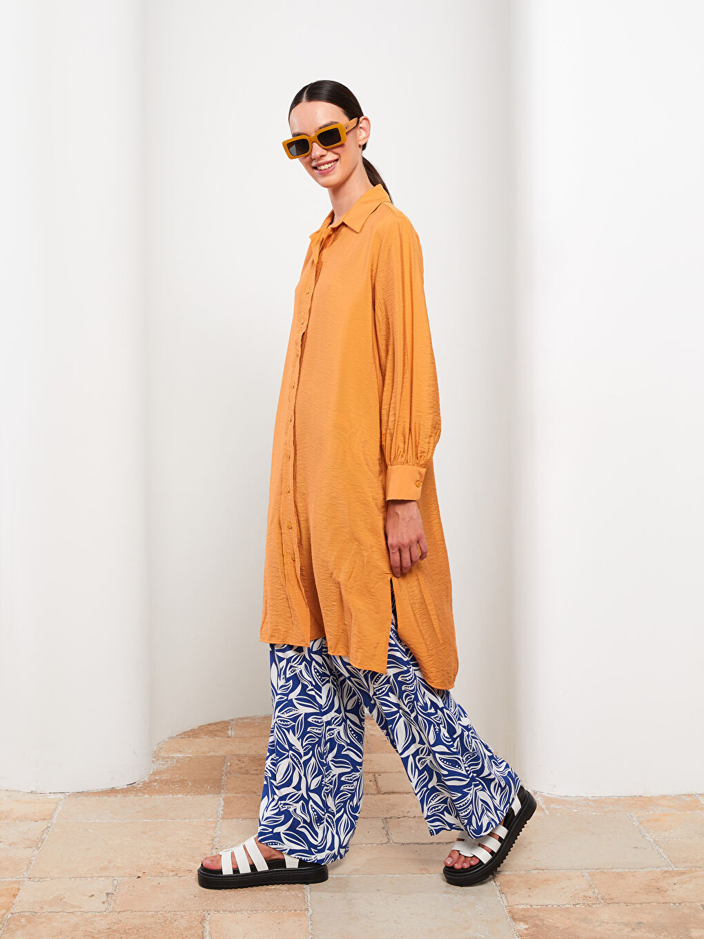 Turuncu Düz Uzun Kollu Kadın Gömlek Tunik-2