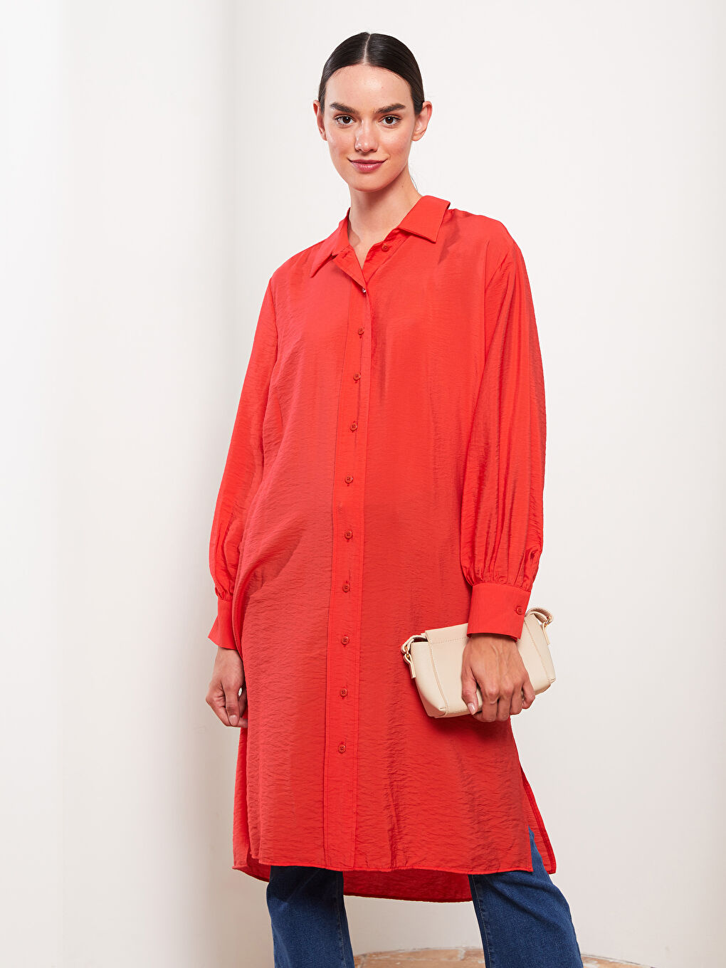 Kırmızı Düz Uzun Kollu Kadın Gömlek Tunik