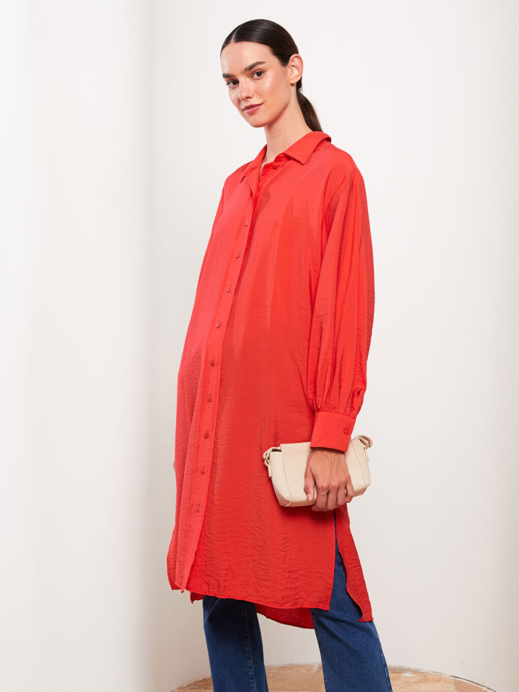 Kırmızı Düz Uzun Kollu Kadın Gömlek Tunik-1