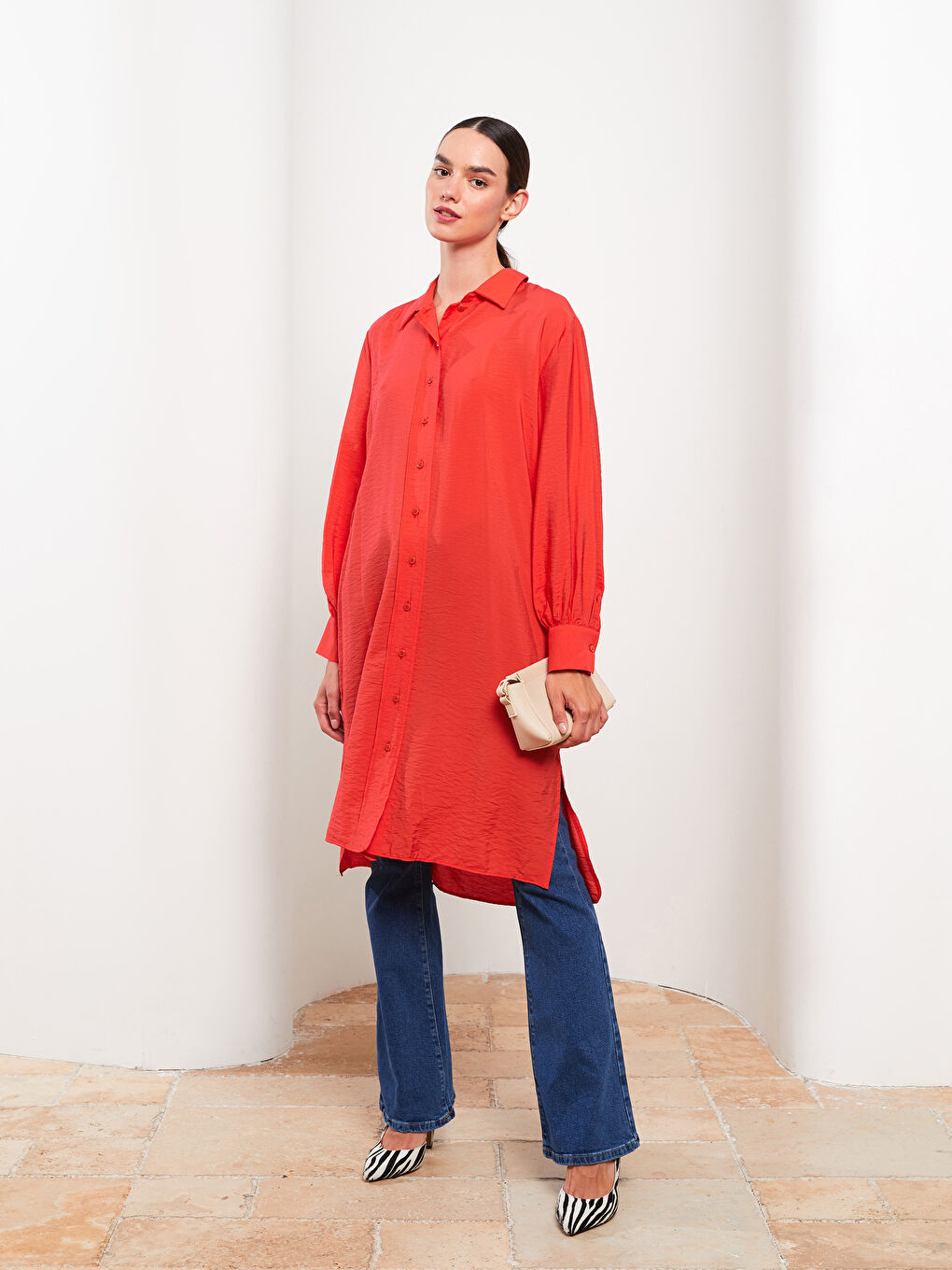 Kırmızı Düz Uzun Kollu Kadın Gömlek Tunik-2
