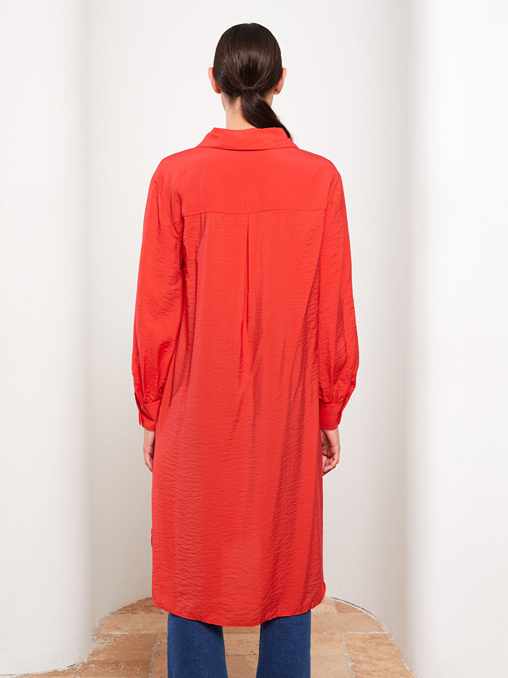 Kırmızı Düz Uzun Kollu Kadın Gömlek Tunik-4
