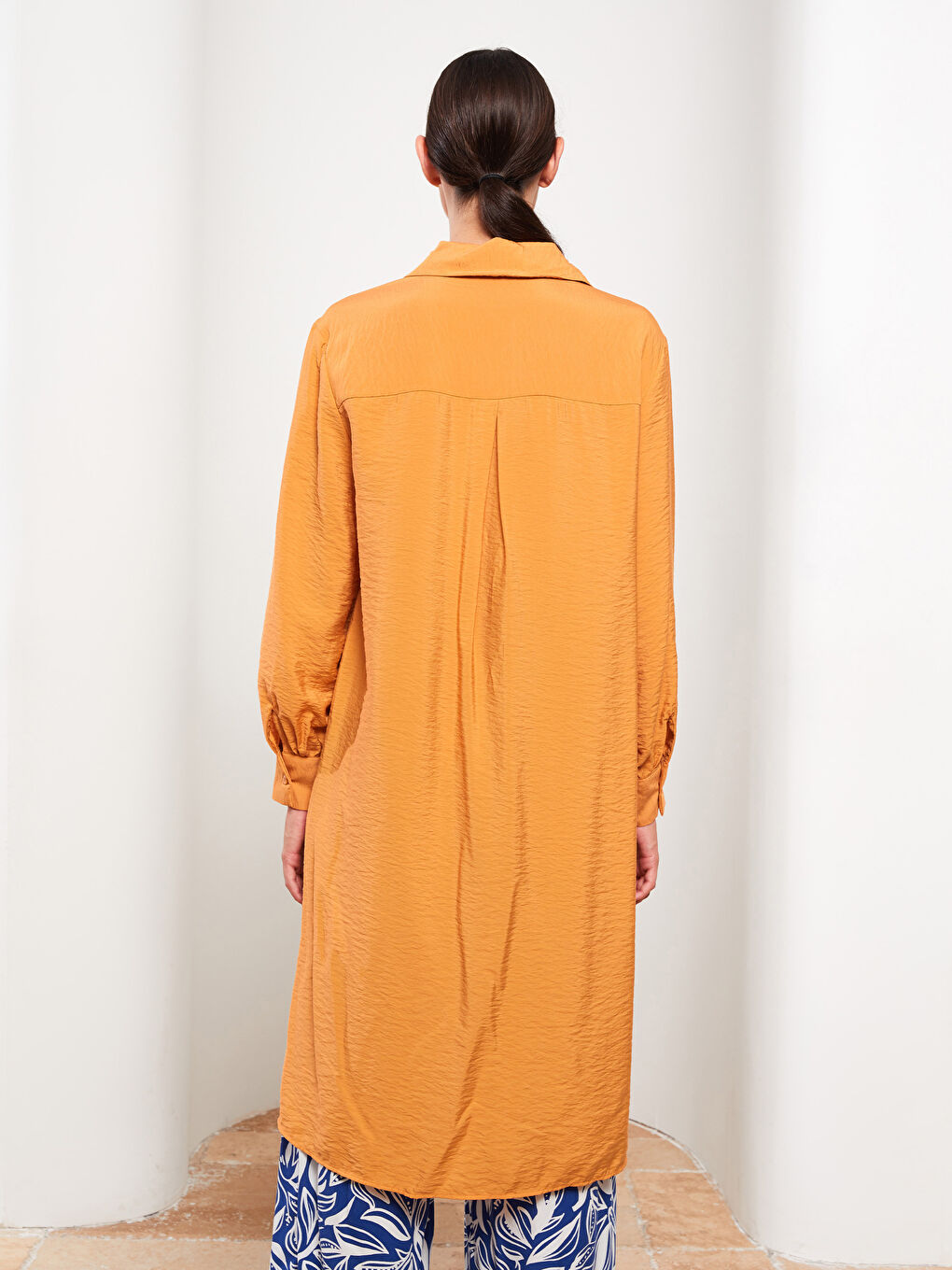 Turuncu Düz Uzun Kollu Kadın Gömlek Tunik-4