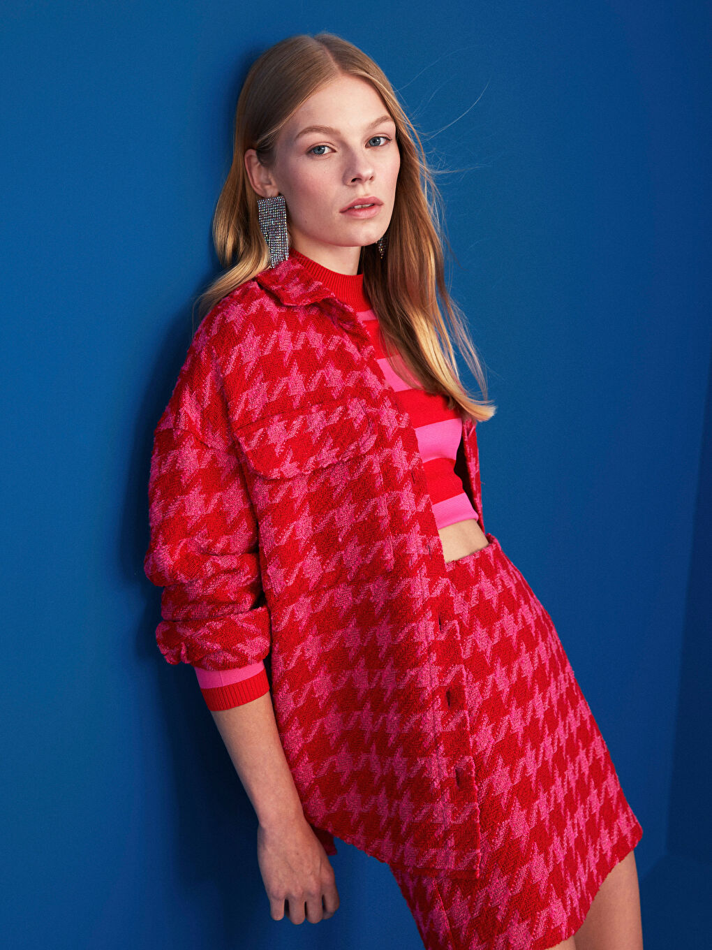 Buttoned Patterned Long Sleeve Tweed Women's Shirt Jacket