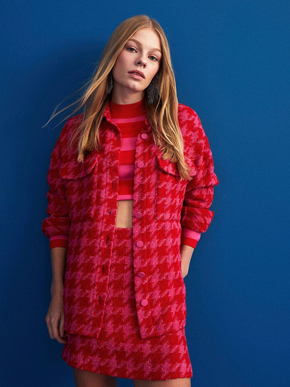 Buttoned Patterned Long Sleeve Tweed Women's Shirt Jacket-1