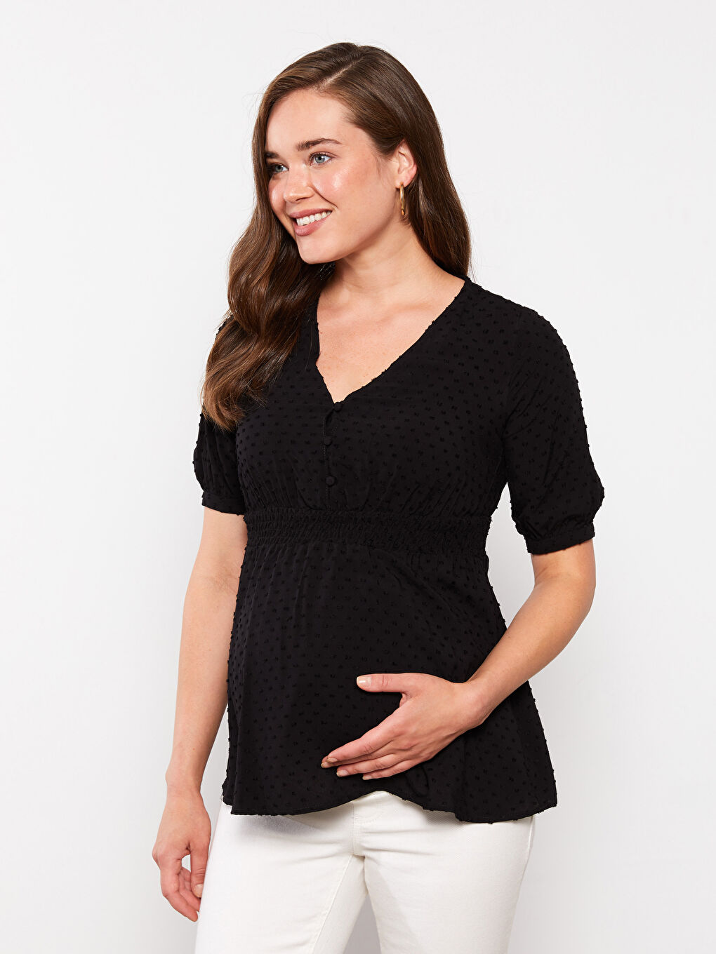 Siyah V Yaka Kendinden Desenli Kısa Kollu Viskon Hamile Bluz-1