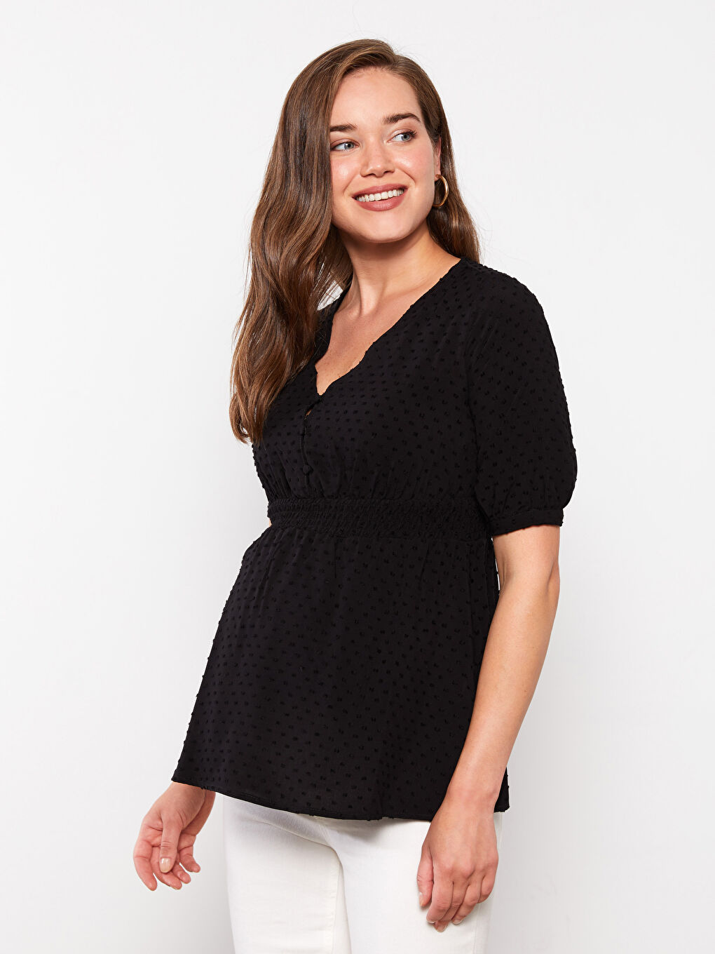 Siyah V Yaka Kendinden Desenli Kısa Kollu Viskon Hamile Bluz-2