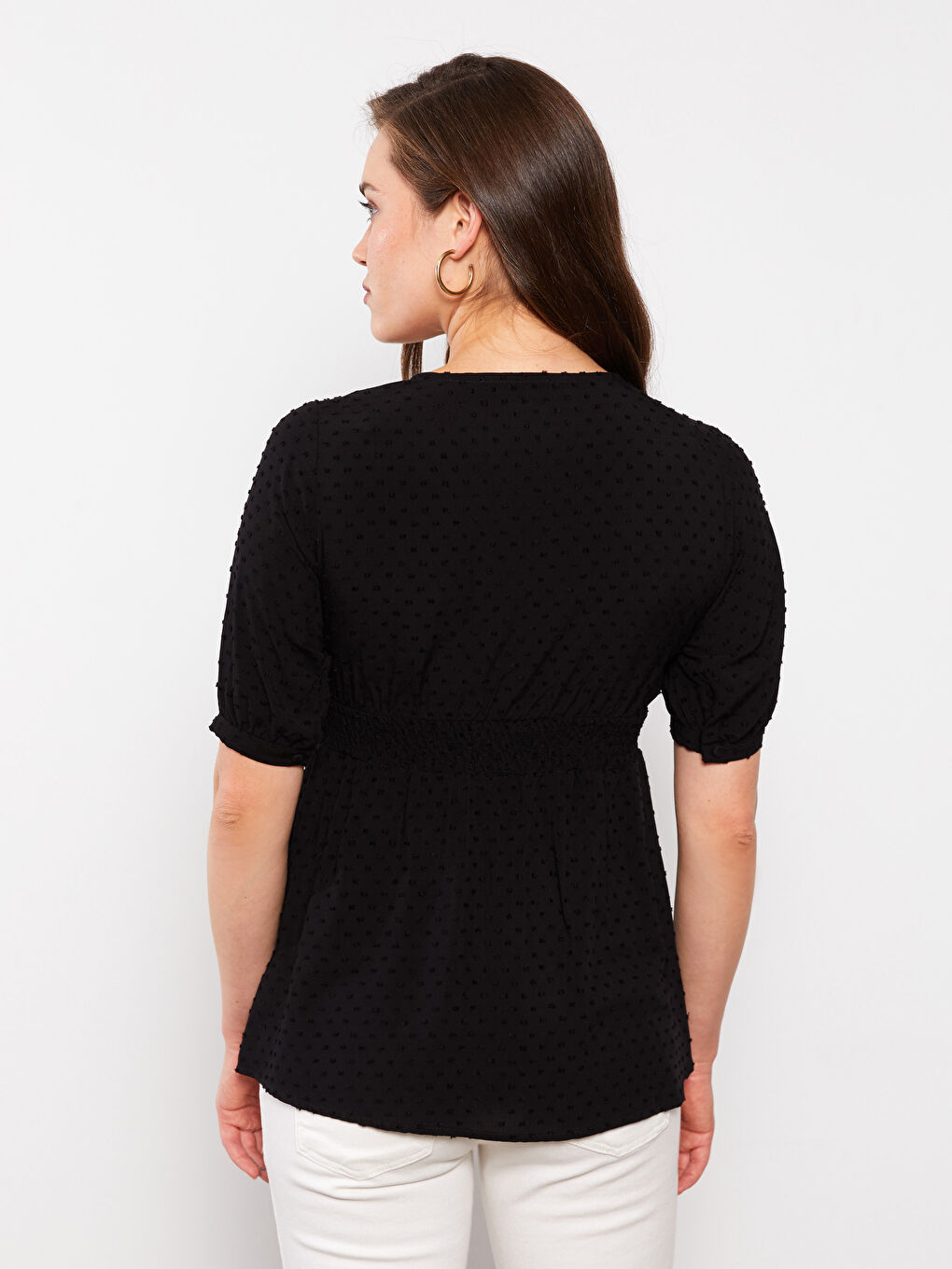 Siyah V Yaka Kendinden Desenli Kısa Kollu Viskon Hamile Bluz-4