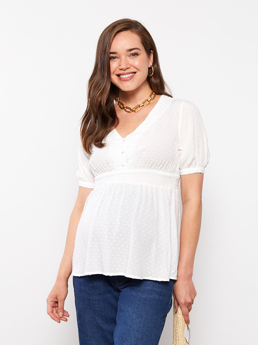 V Neck Self Patterned Short Sleeve Viscose Maternity Blouse