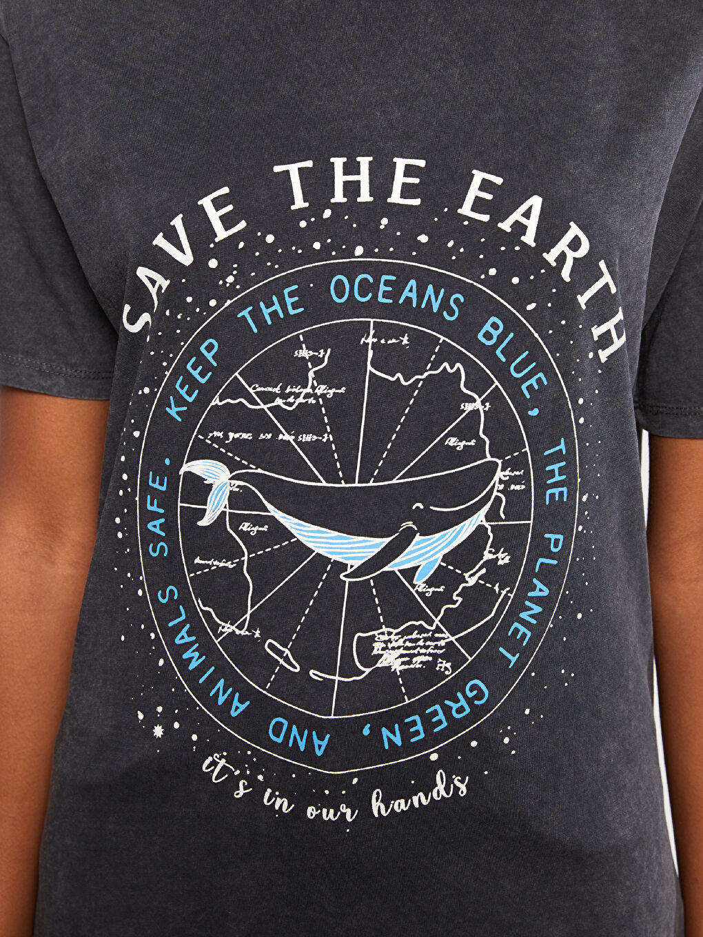 Antrasit Bisiklet Yaka Baskılı Kısa Kollu Pamuklu Kadın Tişört-3