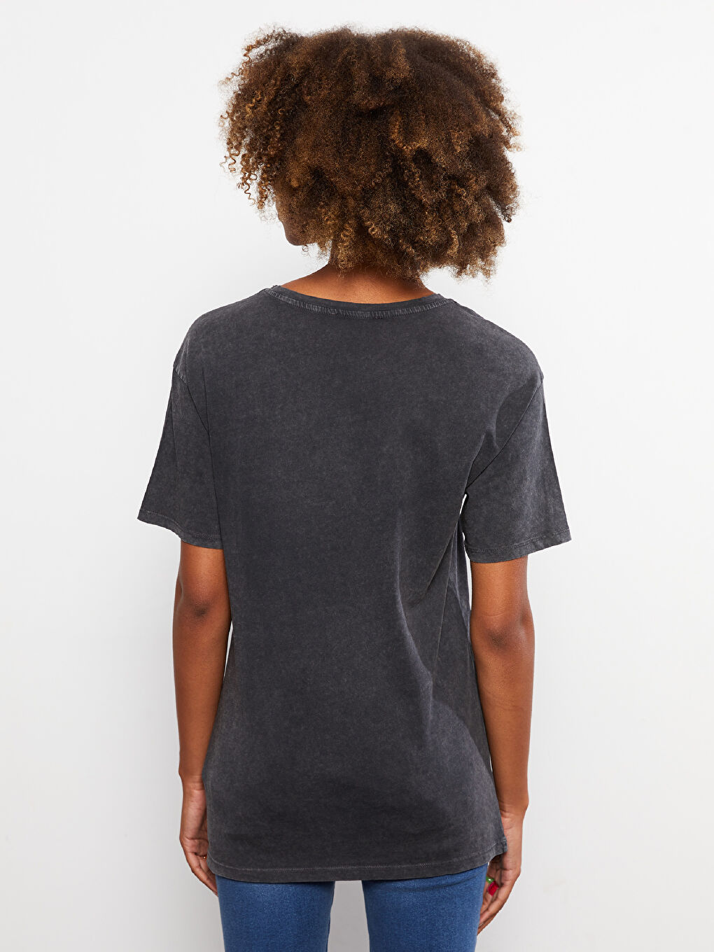 Antrasit Bisiklet Yaka Baskılı Kısa Kollu Pamuklu Kadın Tişört-4