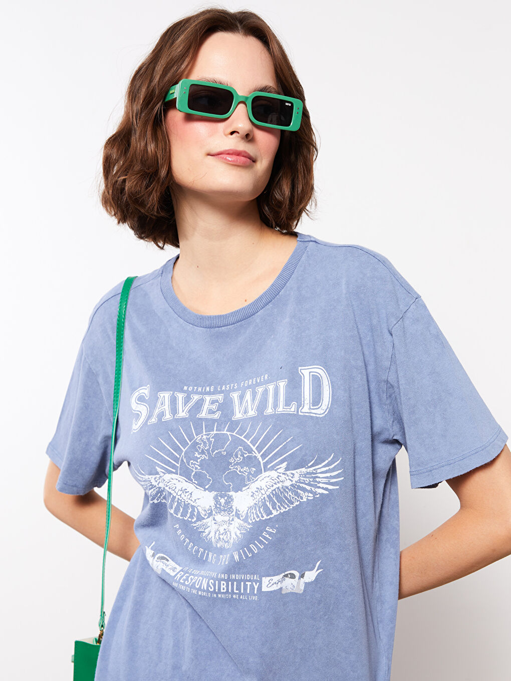 Mavi Bisiklet Yaka Baskılı Kısa Kollu Pamuklu Kadın Tişört