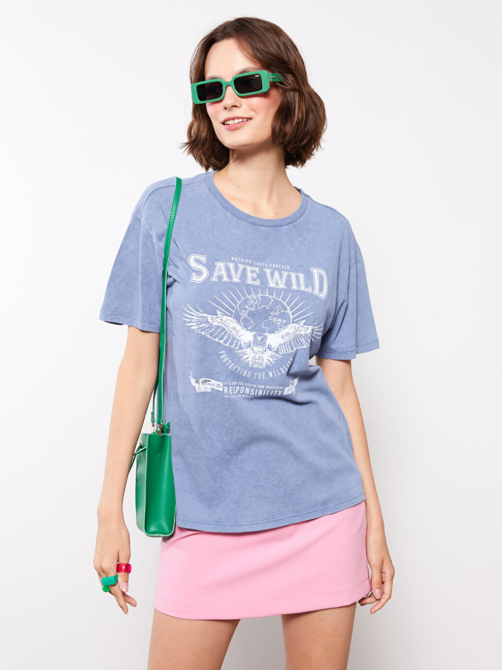 Mavi Bisiklet Yaka Baskılı Kısa Kollu Pamuklu Kadın Tişört-1