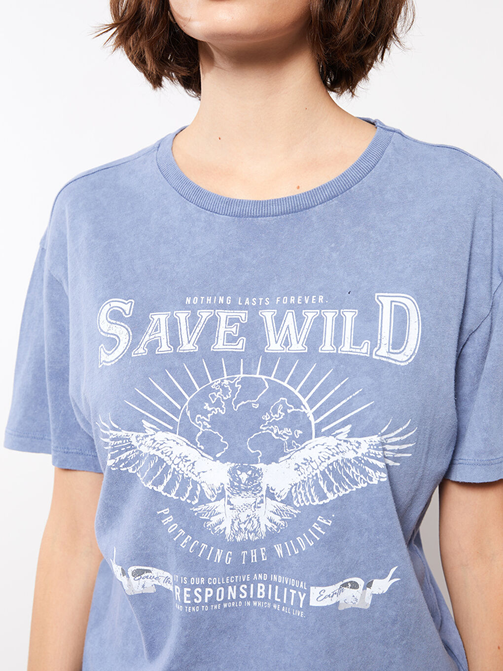 Mavi Bisiklet Yaka Baskılı Kısa Kollu Pamuklu Kadın Tişört-3