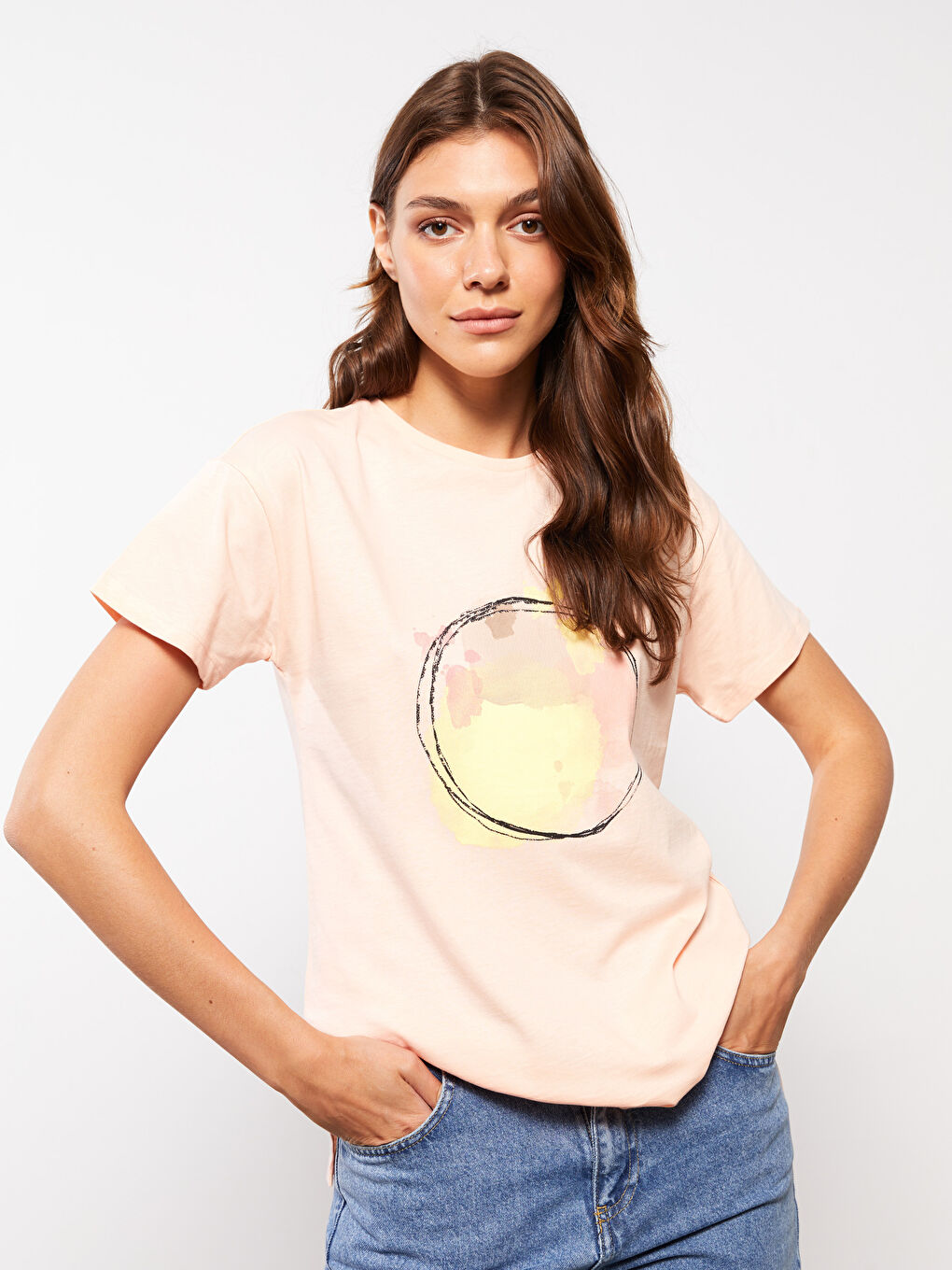 Pembe Bisiklet Yaka Baskılı Kısa Kollu Pamuklu Kadın Tişört