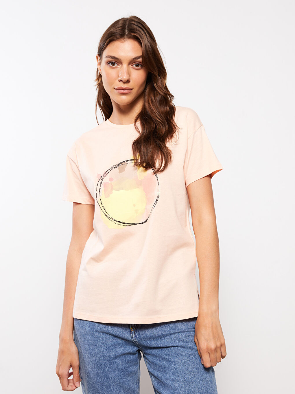 Pembe Bisiklet Yaka Baskılı Kısa Kollu Pamuklu Kadın Tişört-1