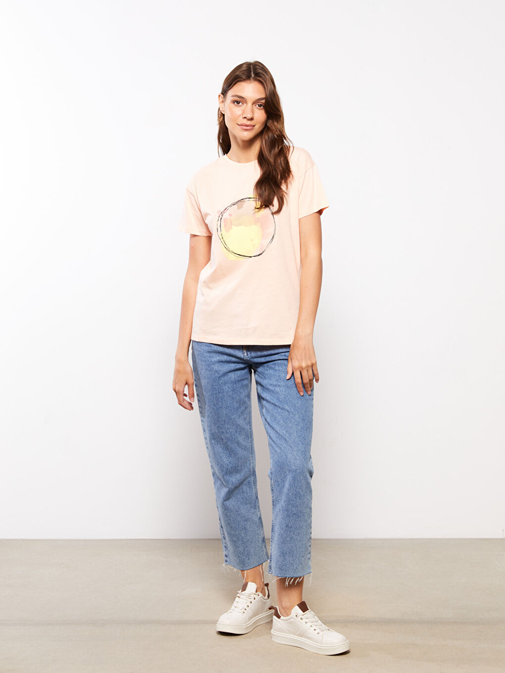 Pembe Bisiklet Yaka Baskılı Kısa Kollu Pamuklu Kadın Tişört-2