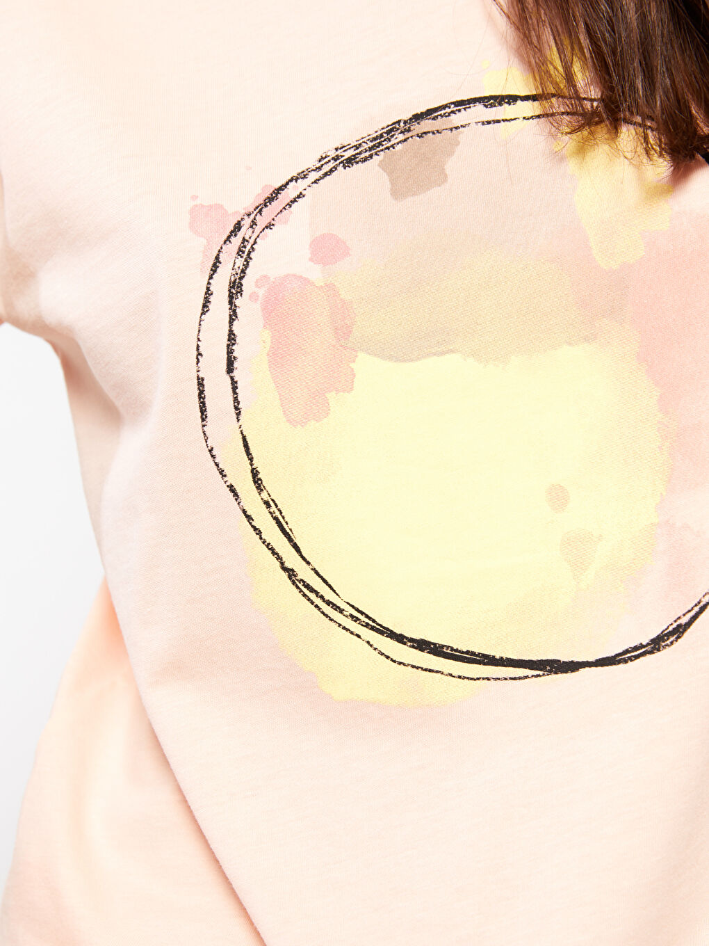 Pembe Bisiklet Yaka Baskılı Kısa Kollu Pamuklu Kadın Tişört-3