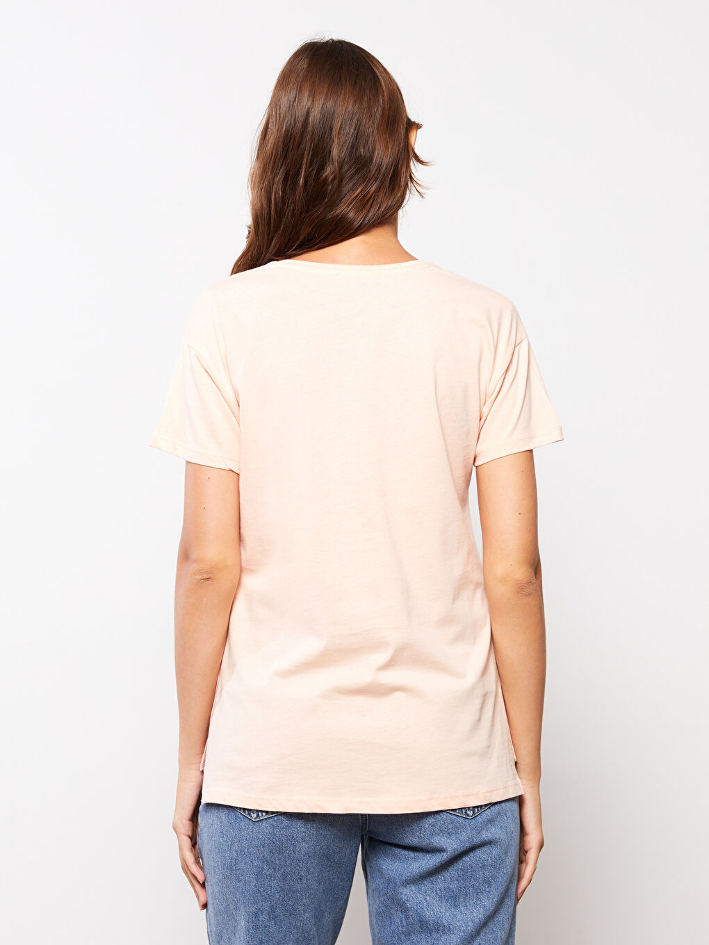 Pembe Bisiklet Yaka Baskılı Kısa Kollu Pamuklu Kadın Tişört-4