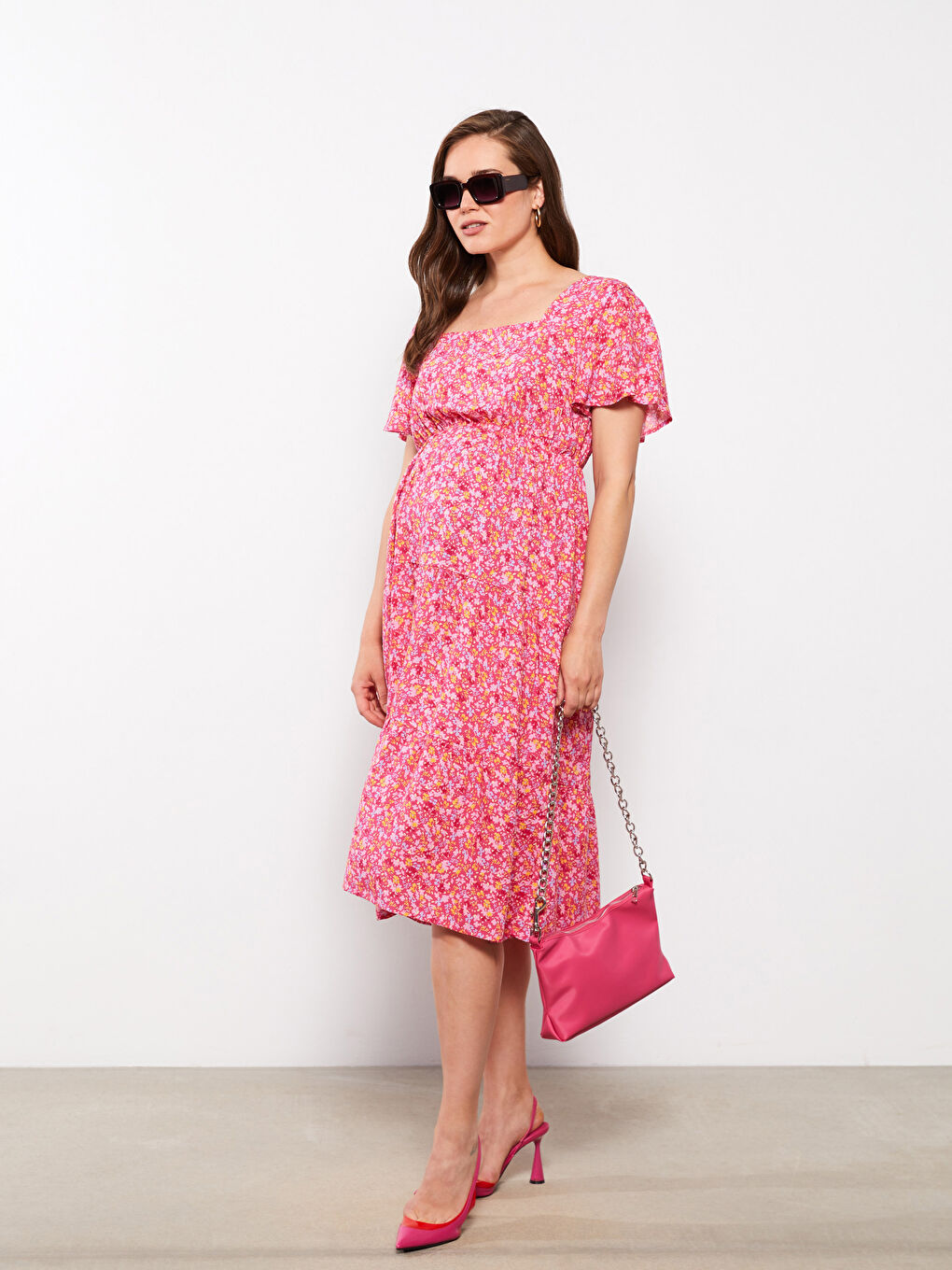 Kare Yaka Çiçekli Kısa Kollu Viskon Hamile Elbise-2