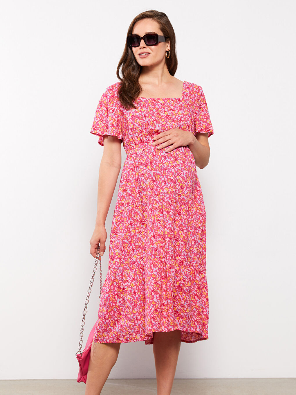 Kare Yaka Çiçekli Kısa Kollu Viskon Hamile Elbise-3