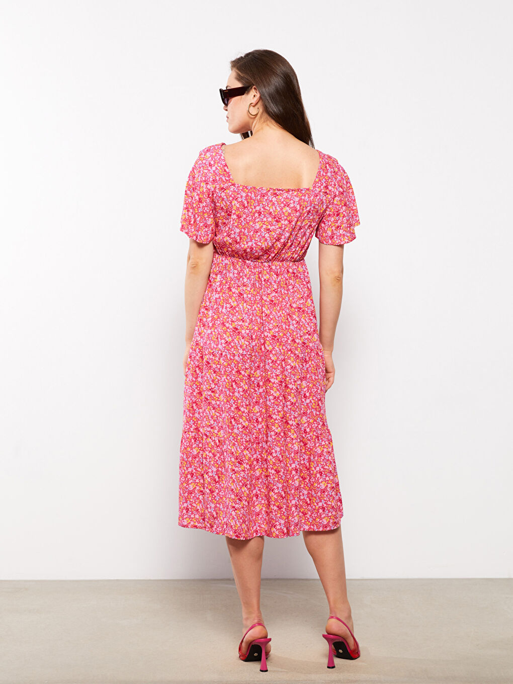 Kare Yaka Çiçekli Kısa Kollu Viskon Hamile Elbise-6