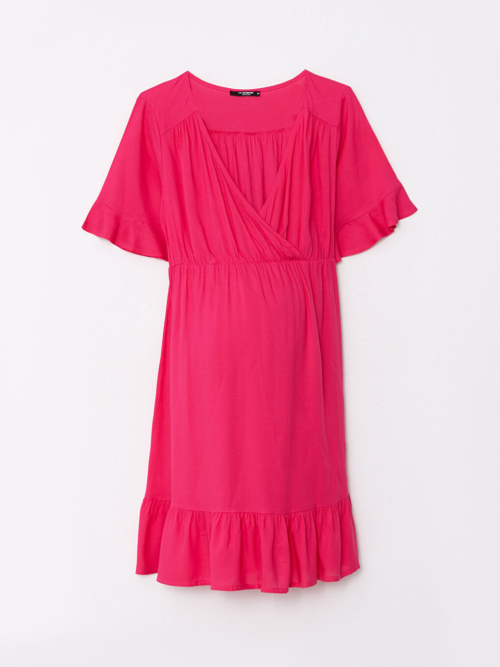 Fuşya Kruvaze Yaka Düz Kısa Kollu Viskon Hamile Elbise-5