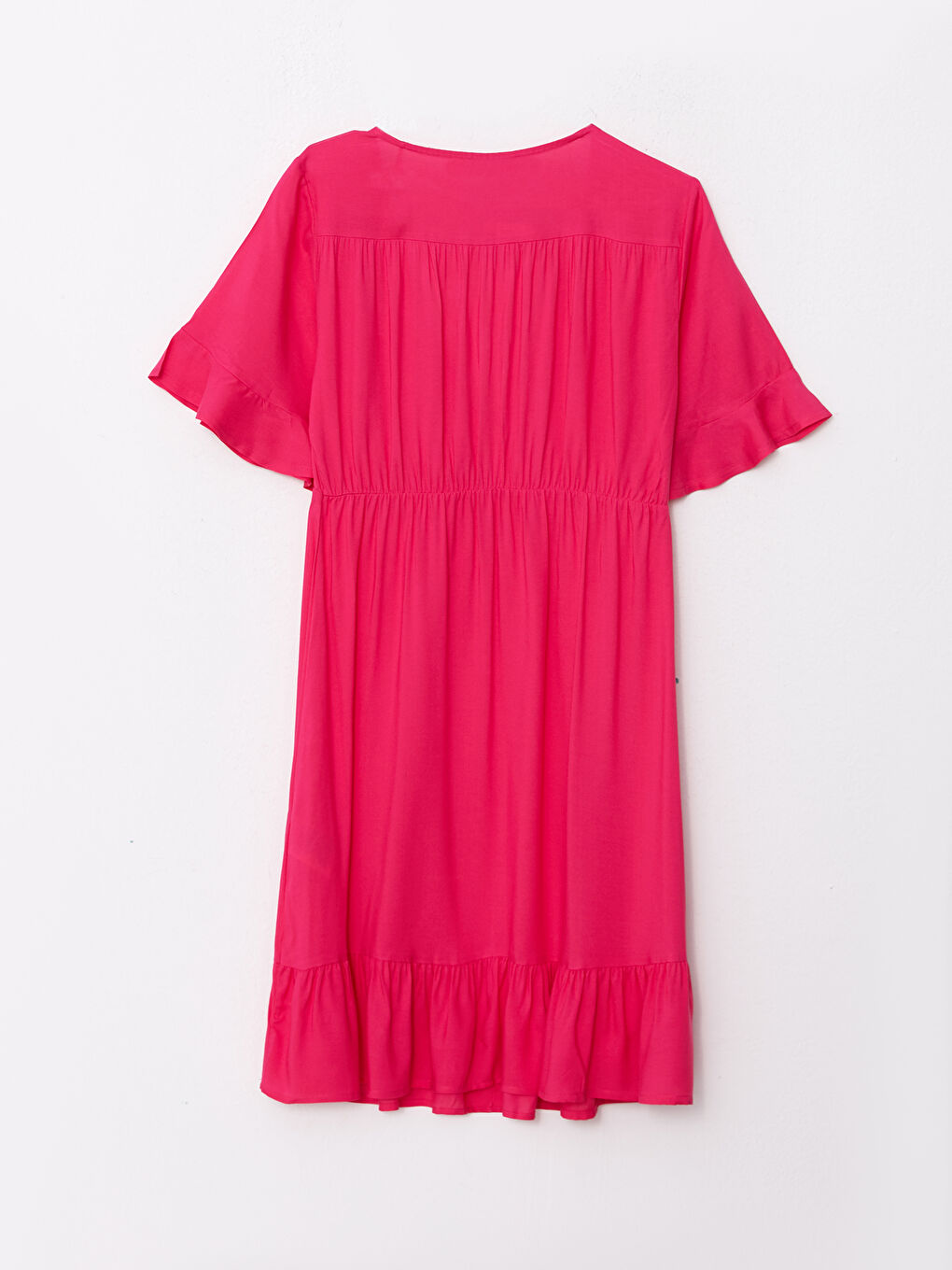 Fuşya Kruvaze Yaka Düz Kısa Kollu Viskon Hamile Elbise-6