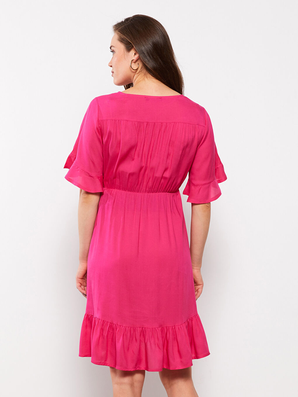 Fuşya Kruvaze Yaka Düz Kısa Kollu Viskon Hamile Elbise-4