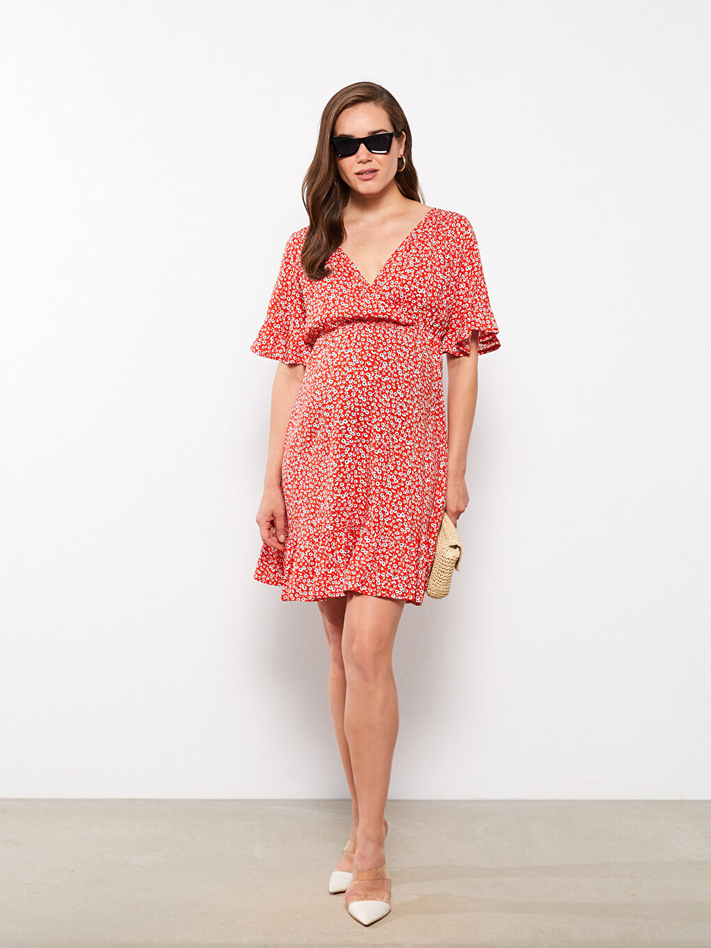 Rochie Gravide Vâscoză Guler cu Dublu Piept Mânecă Scurtă-2