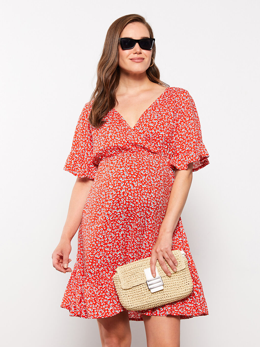 Rochie Gravide Vâscoză Guler cu Dublu Piept Mânecă Scurtă-3