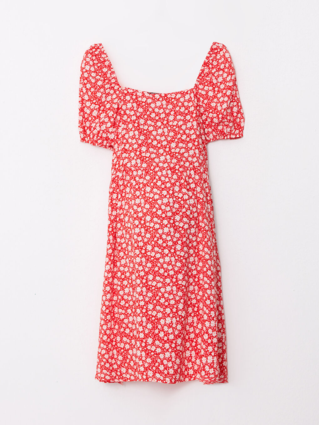 Kırmızı Kare Yaka Çiçekli Kısa Kollu Viskon Hamile Elbise-4