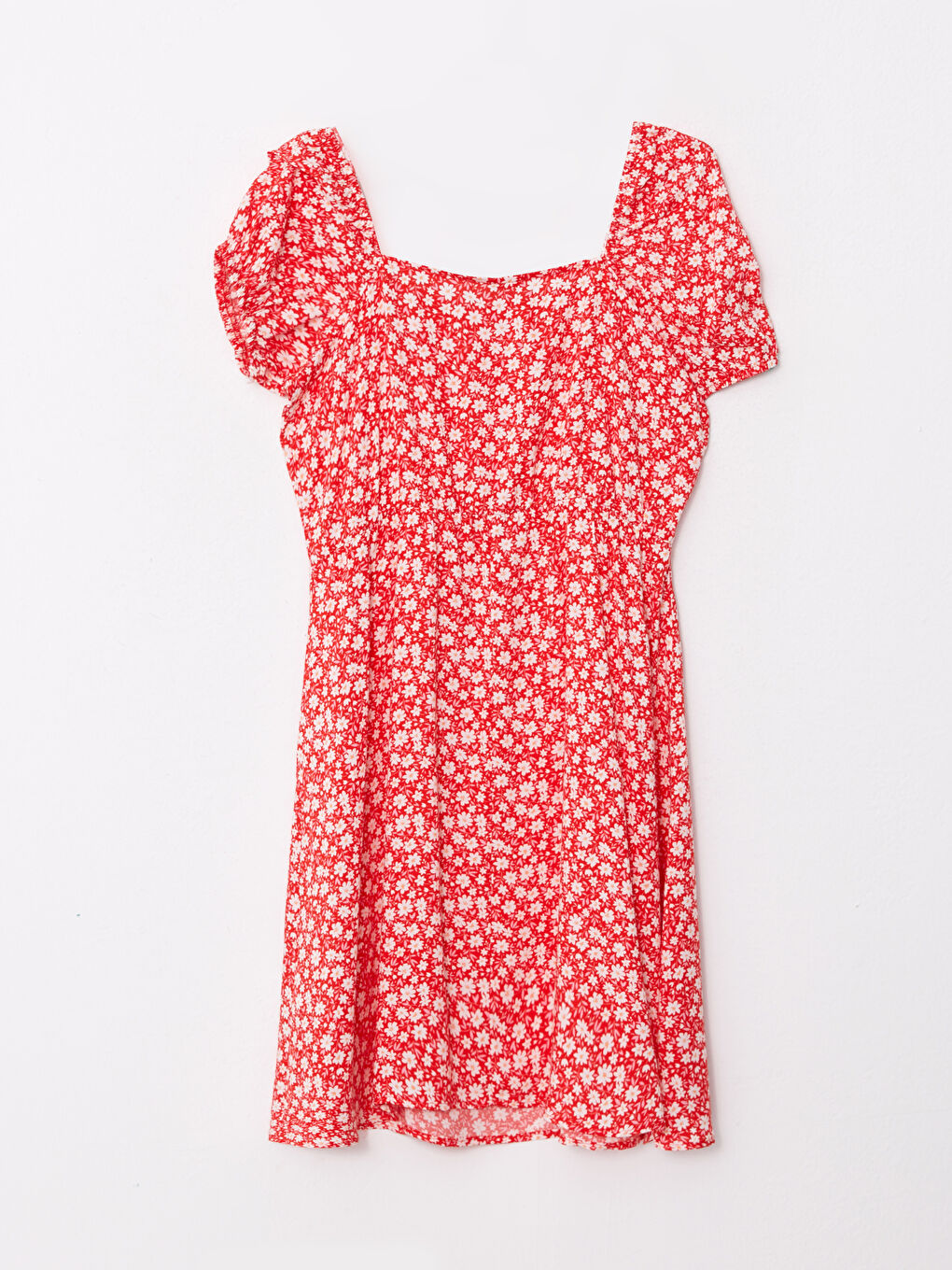 Kırmızı Kare Yaka Çiçekli Kısa Kollu Viskon Hamile Elbise-5