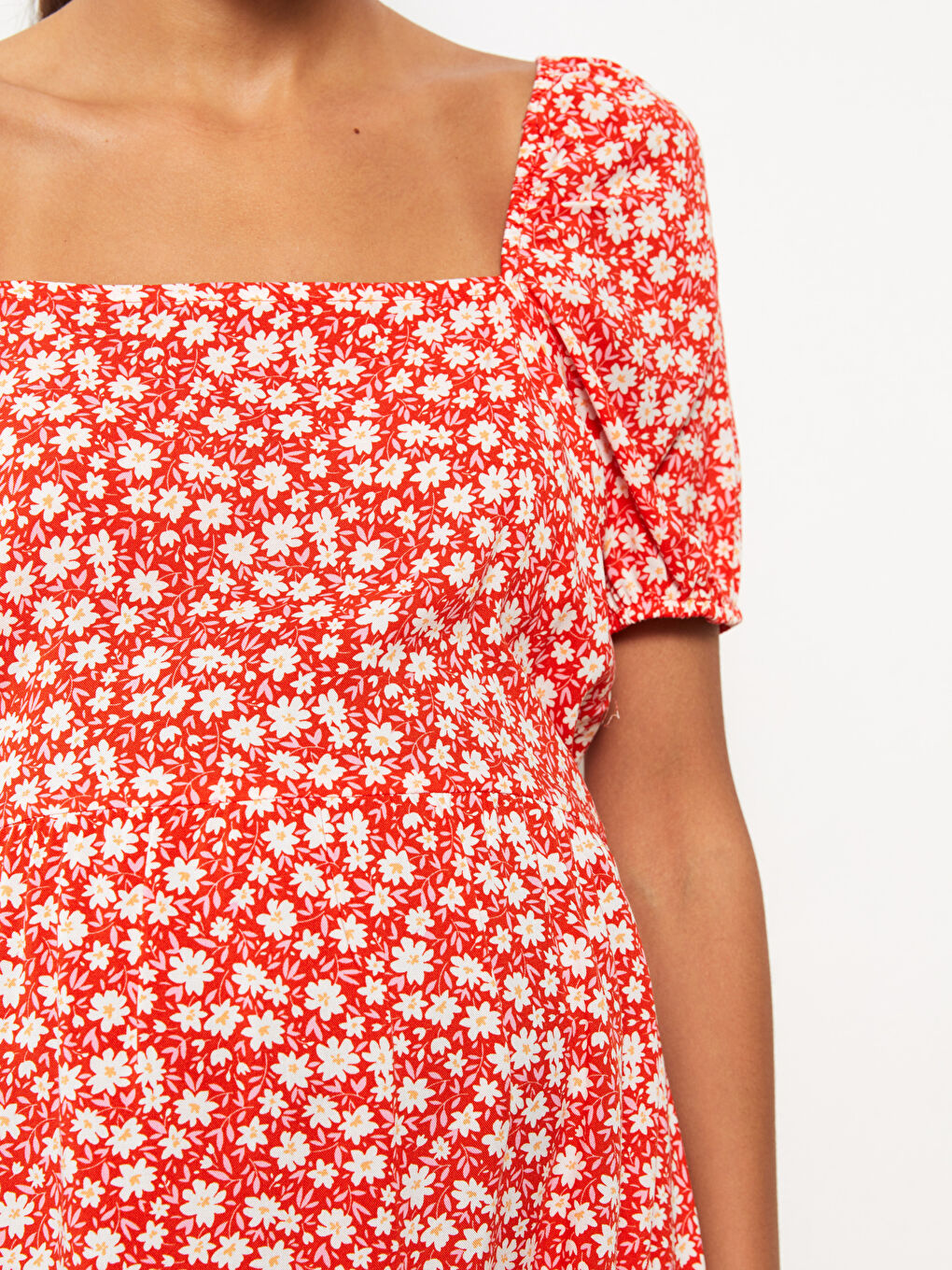 Kırmızı Kare Yaka Çiçekli Kısa Kollu Viskon Hamile Elbise-2