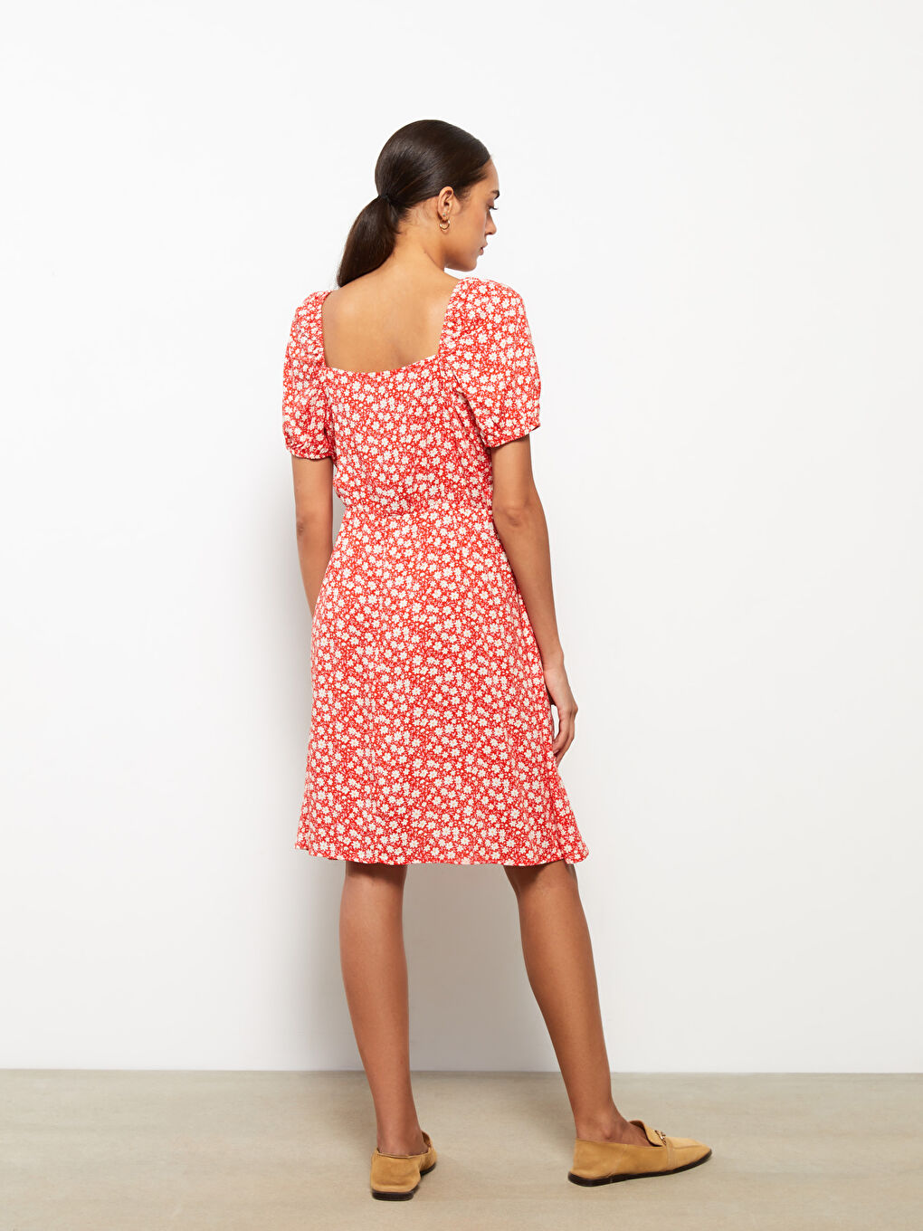 Kırmızı Kare Yaka Çiçekli Kısa Kollu Viskon Hamile Elbise-3