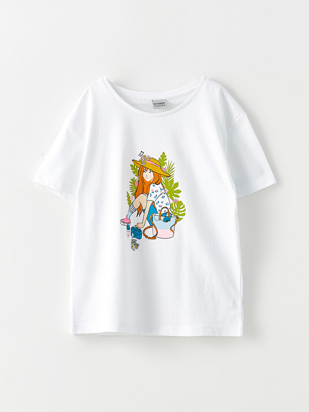 Beyaz Bisiklet Yaka Baskılı Kısa Kollu Pamuklu Kız Çocuk Tişört